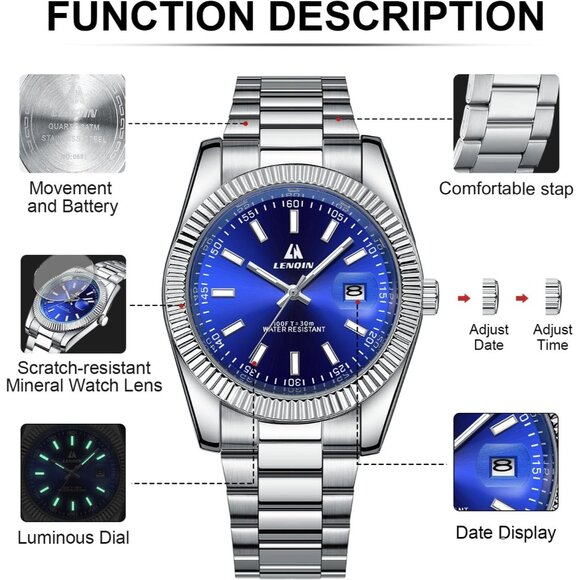 ⚡silver Blue Men Waterproof Analog Quartz Watch Men's Wrist with Date Luminous - Picture 7 of 14